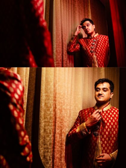 Getting ready shots of the groom. I used a mirror to create interesting compositions, capturing his reflection as he adjusts his traditional red and gold attire, building anticipation for the ceremony.