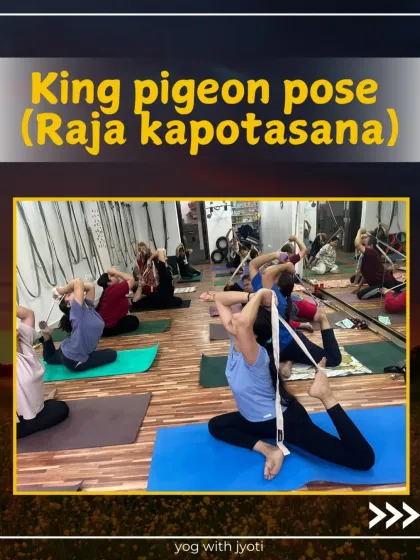 A graphic for King Pigeon Pose, showing students using straps to help achieve this advanced posture.