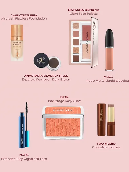 The product grid for my Summer Glow Edit. Here you can see the exact products I use, including the Charlotte Tilbury foundation and Natasha Denona Glam Face Palette.