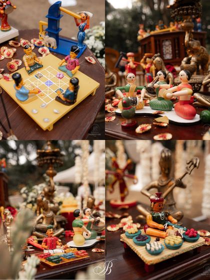 A collage of the intricate Channapatna crafts used in the tablescape. From scenes of people playing board games to musicians and dancers, these wooden toys tell a story of local culture and craftsmanship.