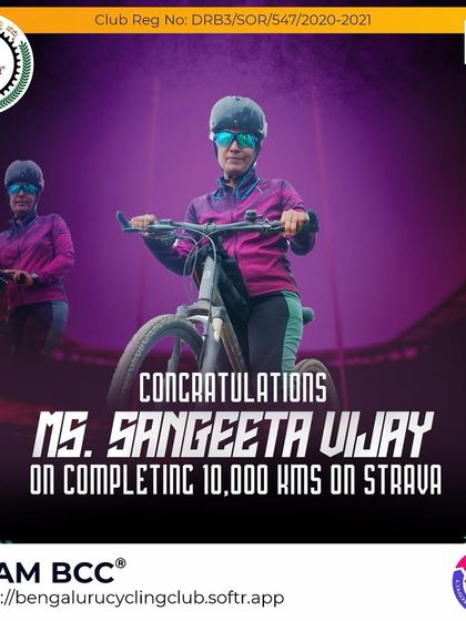 A big congratulations to Sangeeta Vijay for completing her first 10,000 kms on Strava. Here's to many more miles and smiles!