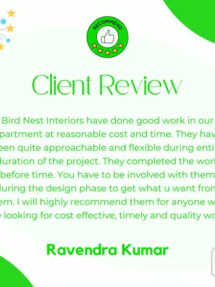 A review from a client at Sobha Windsor, Whitefield, who recommends us for cost-effective, timely, and quality work. We are proud to have completed their project ahead of time and within budget.