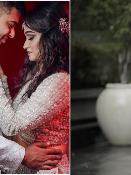 A collage mixing an intimate, romantic portrait with a candid walking shot, showcasing my ability to capture both posed and unposed moments beautifully.