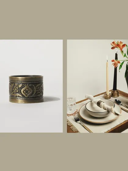 A detailed product shot paired with a lifestyle scene for Byaas Home. On the left, the intricate pattern of a brass napkin ring is in sharp focus, while the right shows it in use, completing a beautifully styled meal setting.