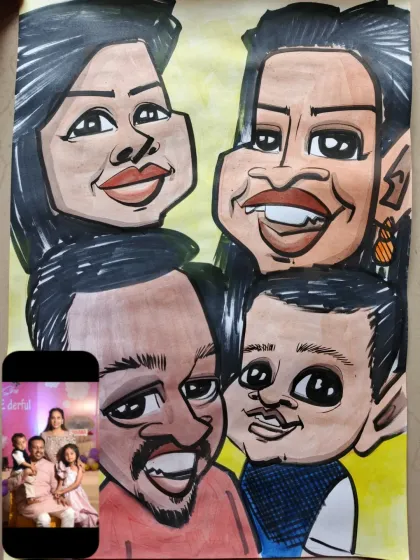From a simple family photo, I can create a vibrant and lively group caricature. This piece brings together the whole family in my classic cartoon style, exaggerating their features to capture their fun personalities. It's a great way to create a unique family portrait.
