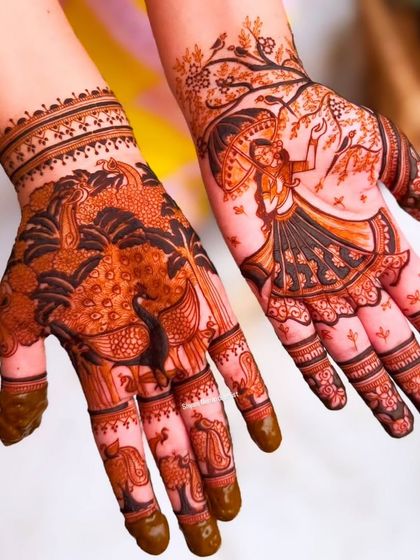 A unique design combining a full peacock pattern on one hand with a graceful lady figure under a tree on the other.