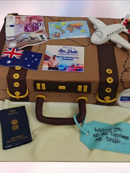 This travel-themed suitcase cake is perfect for a farewell or for someone who loves to explore the world. It features edible currency, flags, a passport, and a world map, all handcrafted to celebrate a new adventure.