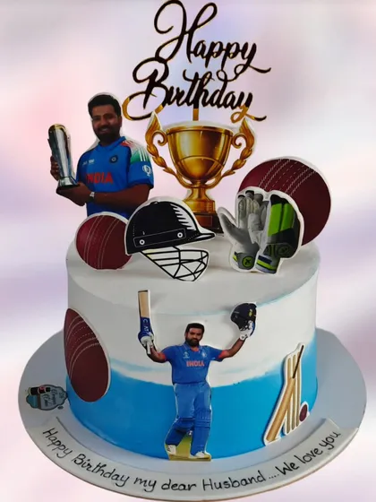 A cricket-themed cake for a huge Rohit Sharma fan. This cake celebrates the Indian cricket team and is perfect for a husband's birthday.