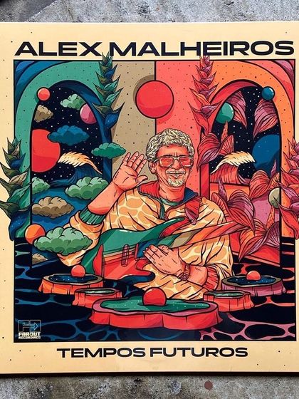 A photo of the final printed vinyl sleeve, showing the rich colors and textures of the artwork.