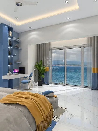 Another angle of the kid's room with a sea view, showing the study desk and shelving unit. The design ensures the space is practical for both sleep and homework.