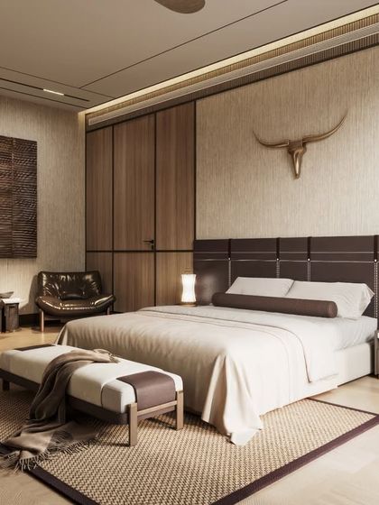 Multiple views of a bedroom with a rustic-modern aesthetic, featuring wood paneling and a decorative bull skull. Our renders capture the warm, earthy tones and the balance between rugged and refined elements.