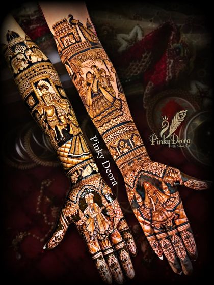 A full view of a Marwari-Gujarati wedding theme. One arm shows the bride's family and varmala, while the other depicts the groom's baraat arriving on a horse, blending two cultures beautifully.