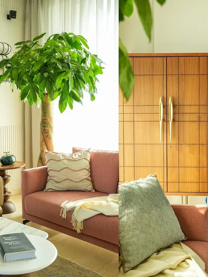 I used a diptych format here to capture the warm and inviting atmosphere of this living room designed by Studio El Sol. On the left, you see the overall space with its natural light and greenery, while the right side focuses on the details of the custom wooden cabinetry, showing my eye for both the big picture and the small details in residential photography.