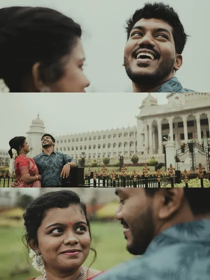 A collage of a couple's pre-wedding shoot in front of Bengaluru's Vidhana Soudha, capturing their happy interactions.