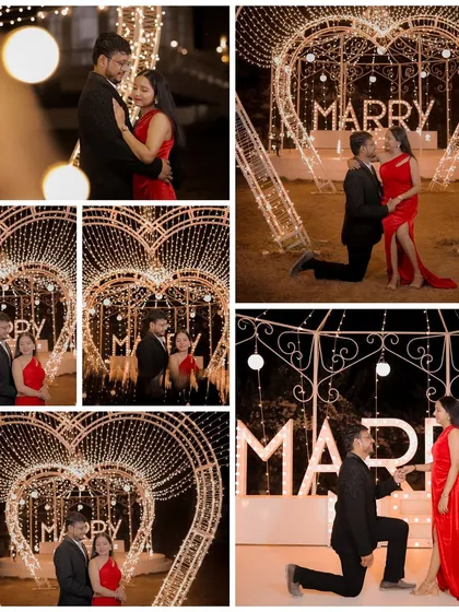 A magical proposal setup is one of my specialties. This collage showcases a surprise moment, complete with a "Marry Me" light installation and a heart-shaped arch of fairy lights, creating an unforgettable, romantic atmosphere.