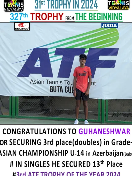 Congratulations to Guhaneshwar for securing 3rd place in doubles at the Grade-1 Asian Championship U-14 in Azerbaijan.