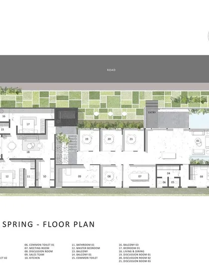 The complete floor plan for the Soul Spring mock-up unit and experience center. This plan shows the thoughtful layout of the reception, discussion rooms, and the apartment itself, all surrounded by integrated landscape design.