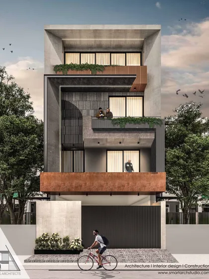 This residential proposal for Sadh Nagar features deeply recessed balconies and a mix of materials, including corten steel, slate, and concrete, to create a rich, textured façade.