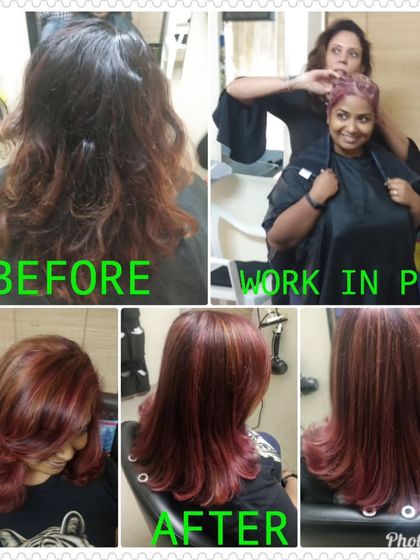 A bold and beautiful hair makeover. This collage shows the process from before, during the colour application, and the final after look with vibrant red tones and healthy, shiny layers.