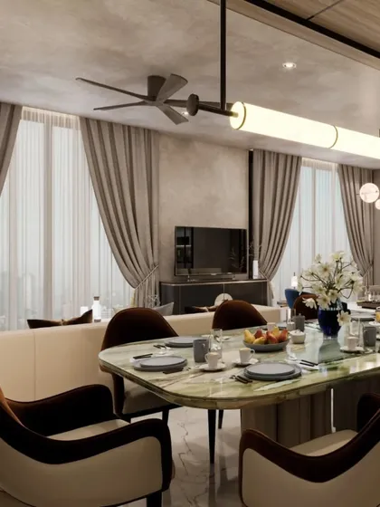 This perspective shows the view from the dining table towards the living area, highlighting the open and connected feel of the space. The consistent color palette and material choices ensure a cohesive design throughout.