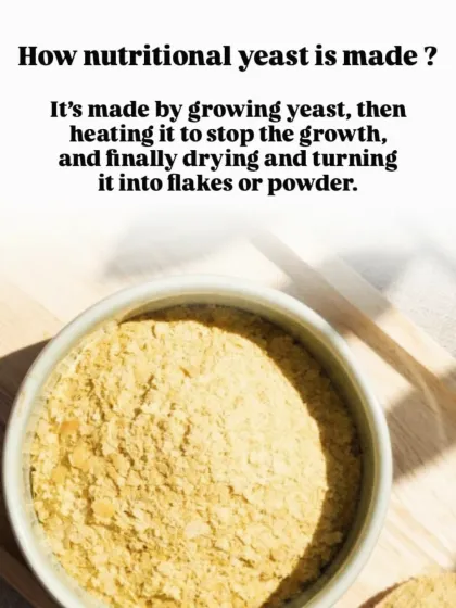 How is nutritional yeast made? It's a deactivated yeast that is grown, heated, and dried into flakes, giving it a cheesy, savory flavor.