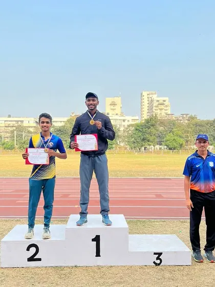 The 100m podium at the Mumbai University Zonal meet, with my athlete Kaushik Kamat winning the silver medal.