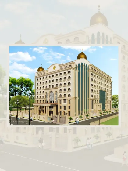 A wider view of the Anandpur Sahib project, illustrating how the building integrates with its surroundings. The design includes ample space for community gathering, reflecting its role as a spiritual hub.
