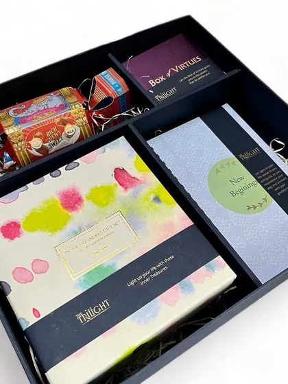 Inside 'The Trilight' gift box, we packed our 'Box of Virtues', soy wax candles, a custom journal, and delicious milk toffees. We even arranged for a dedicated truck to ensure this time-sensitive delivery to Hyderabad arrived perfectly.
