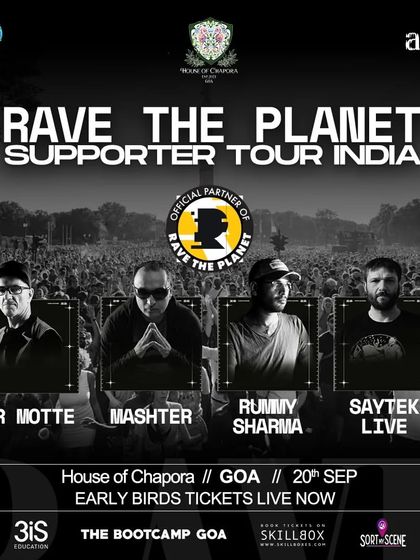 The official supporter tour poster for Rave The Planet's stop in Goa, featuring myself alongside techno pioneers like Dr. Motte and Saytek. It was an honor to be part of this legendary lineup.