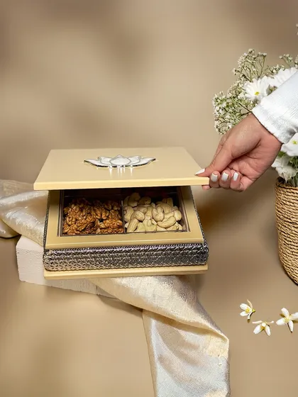 Gifting is an art, and this elegant dry fruit box is designed to be a cherished keepsake. The serene lotus motif and fine detailing make it a perfect offering for weddings, housewarmings, or any festive celebration.