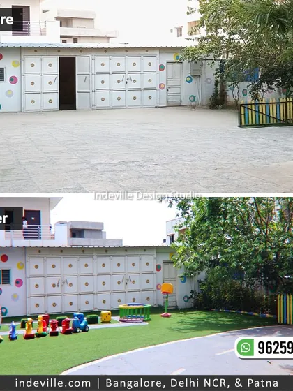 A powerful before-and-after of a preschool playground I transformed. I turned a barren concrete yard into a safe, joyful, and nature-filled space with child-safe artificial turf and colorful play equipment, creating a place where little explorers can thrive.