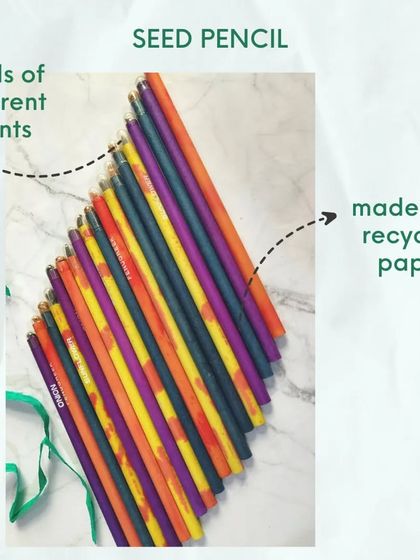 Our seed pencils are made from recycled paper and contain seeds of different plants at the end. Once you're done using the pencil, you can plant it and watch it grow.