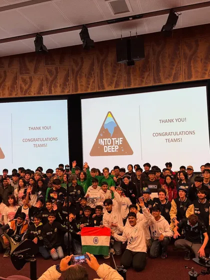 This is what victory looks like on the world stage. Our FTC Team, Gujarat Tech Titans, proudly holding the Indian flag after winning the Connect Award at the Asia Pacific Open Championship in Sydney. We consistently guide our teams to international glory.