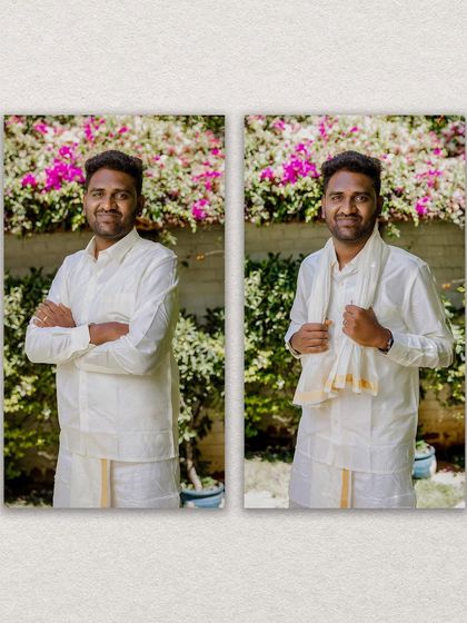 A diptych of the groom in his traditional white wedding attire, looking ready and happy for the ceremony.