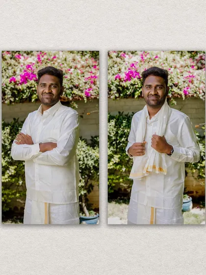 A diptych of the groom in his traditional white wedding attire, looking ready and happy for the ceremony.