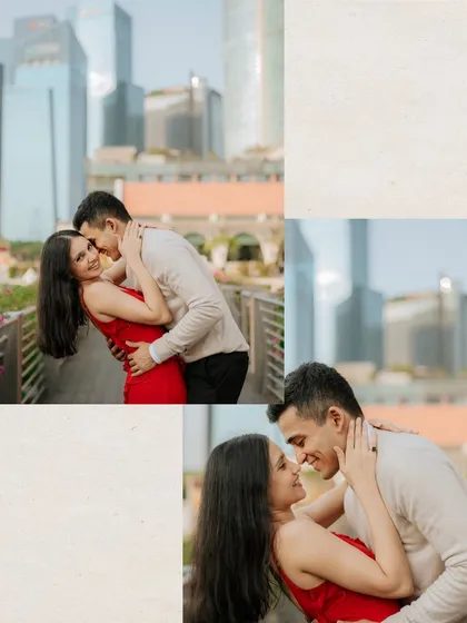 A collage of intimate moments against the backdrop of the Singapore city skyline. These close-up shots focus on the couple's loving expressions and connection.
