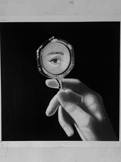 The "Reflection" drawing on the wall. The lighting in this piece was tricky, with the main light source coming from an angle.