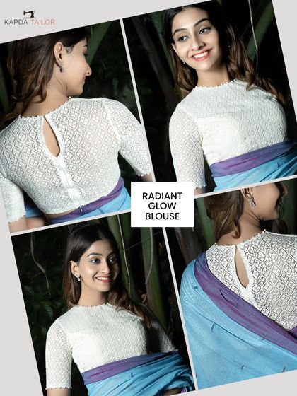 Radiant Glow Blouse. This graphic collage shows off our beautiful white blouse with delicate lacework, a piece that is both traditional and trendy.
