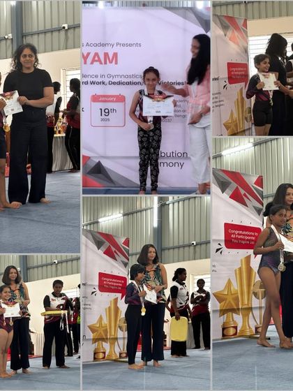 More moments of triumph from various competitions, showcasing our gymnasts with their medals, trophies, and proud coaches.