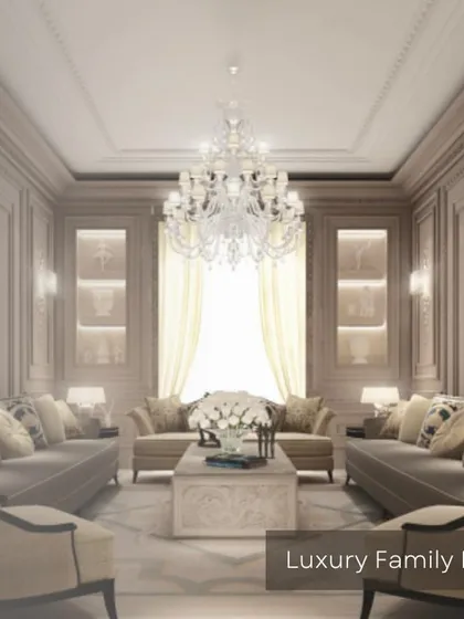 This luxury family lounge is designed for formal entertaining. It features classic wall molding, recessed display niches, and a magnificent crystal chandelier that serves as the room's centerpiece.