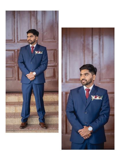 A diptych of the groom, providing both a full-length and a medium shot. These classic portraits showcase his wedding attire against a wooden door.