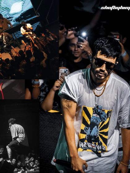 A collage from Seedhe Maut's Jaipur show, featuring a sweaty close-up of Encore ABJ and shots of the packed audience.