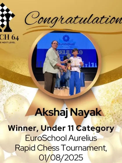 A round of applause for Akshaj Nayak, the winner in the Under 11 category at the EuroSchool Aurelius Rapid Chess Tournament. We celebrate every student's journey and tournament success.