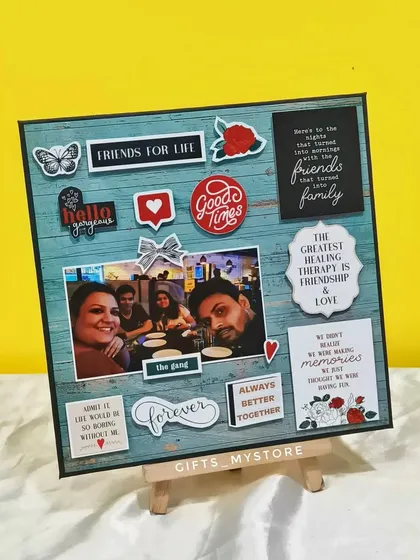 This custom scrapbook-style frame is perfect for celebrating a friendship. It's filled with photos, fun stickers, and quotes that represent the bond between friends.