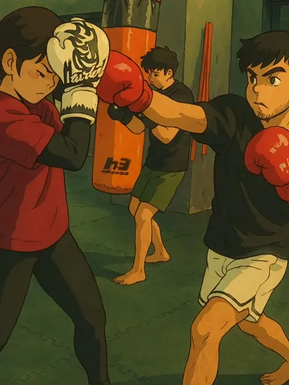 An artistic take on our training. This illustration shows a female and male fighter sparring, capturing the focus and intensity of our sessions.