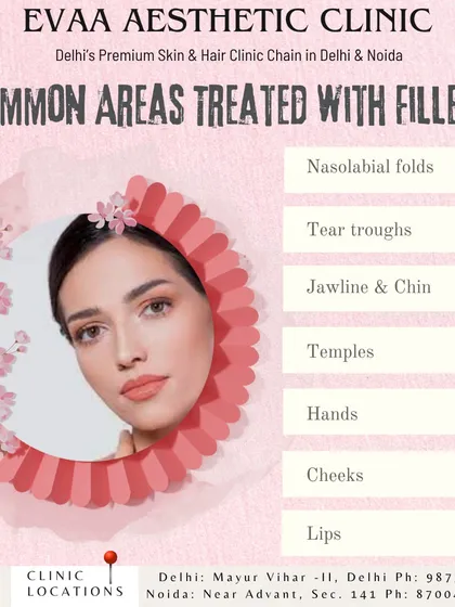 An informational graphic detailing the common facial areas that can be enhanced with fillers. We treat tear troughs, cheeks, lips, and jawline to restore volume and create a more youthful appearance.