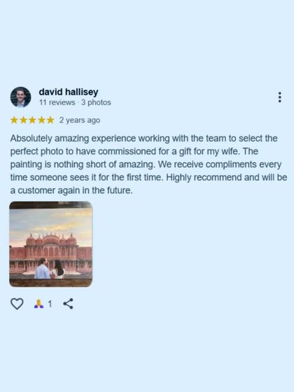 A review from a client who commissioned a painting as a gift and receives compliments on it every time someone sees it.