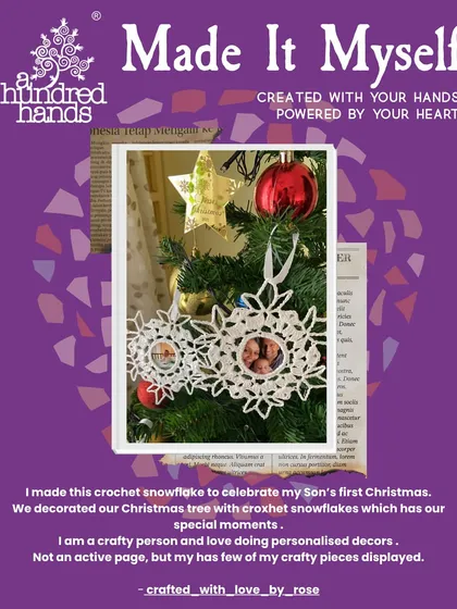 Another winner: a beautiful crochet snowflake made to celebrate a son's first Christmas, with a space for a personalized photo.