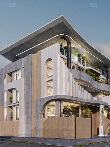 This independent house design blends sleek lines with the timeless allure of exposed concrete. The graceful curves woven into the facade create a dynamic visual rhythm, while a tranquil waterbody integrates nature into the urban setting.
