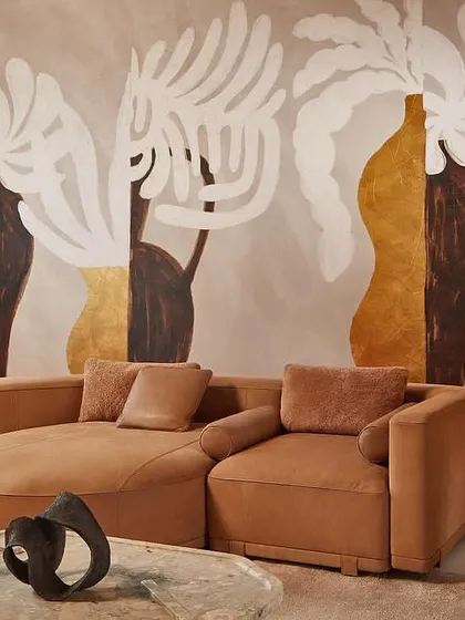 An interior that embodies the Japanese art of Kintsugi, where imperfections are celebrated as part of an object's history. This panoramic wallpaper transforms a wall into a piece of art, with golden fissures highlighting the beauty in resilience and creating a space of serene, contemplative luxury.